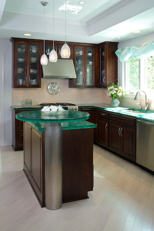 kitchen with glass counter and cabinets 